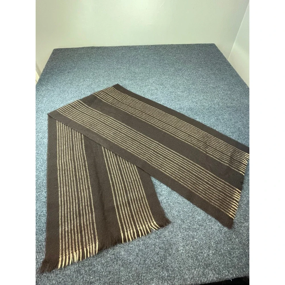 Brown Tan Striped Fringed Rectangle Knit Scarf Classic Winter Accessory